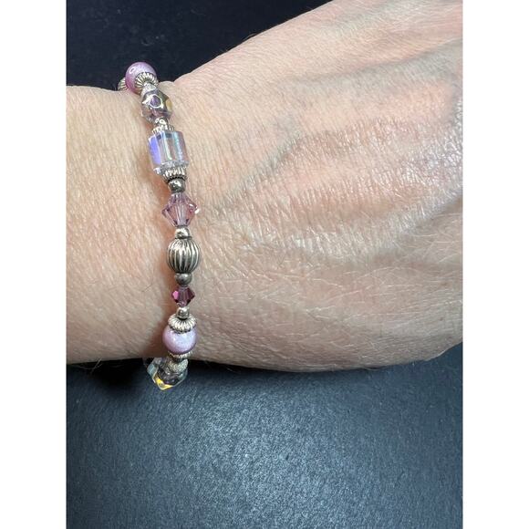 Vintage Sterling Silver Toggle Bracelet with Purple Crystal & Lampwork Beads - Picture 2 of 12